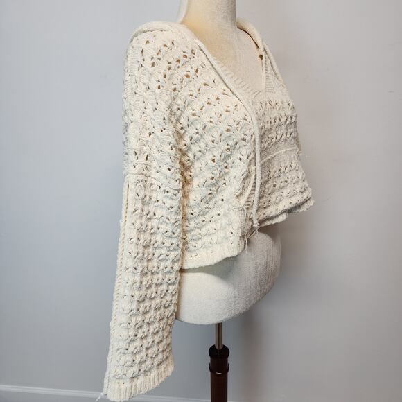POL Flare Sleeve Oversized Sweater Size L Cream Crop Pointelle Hooded Chenille - Picture 2 of 14